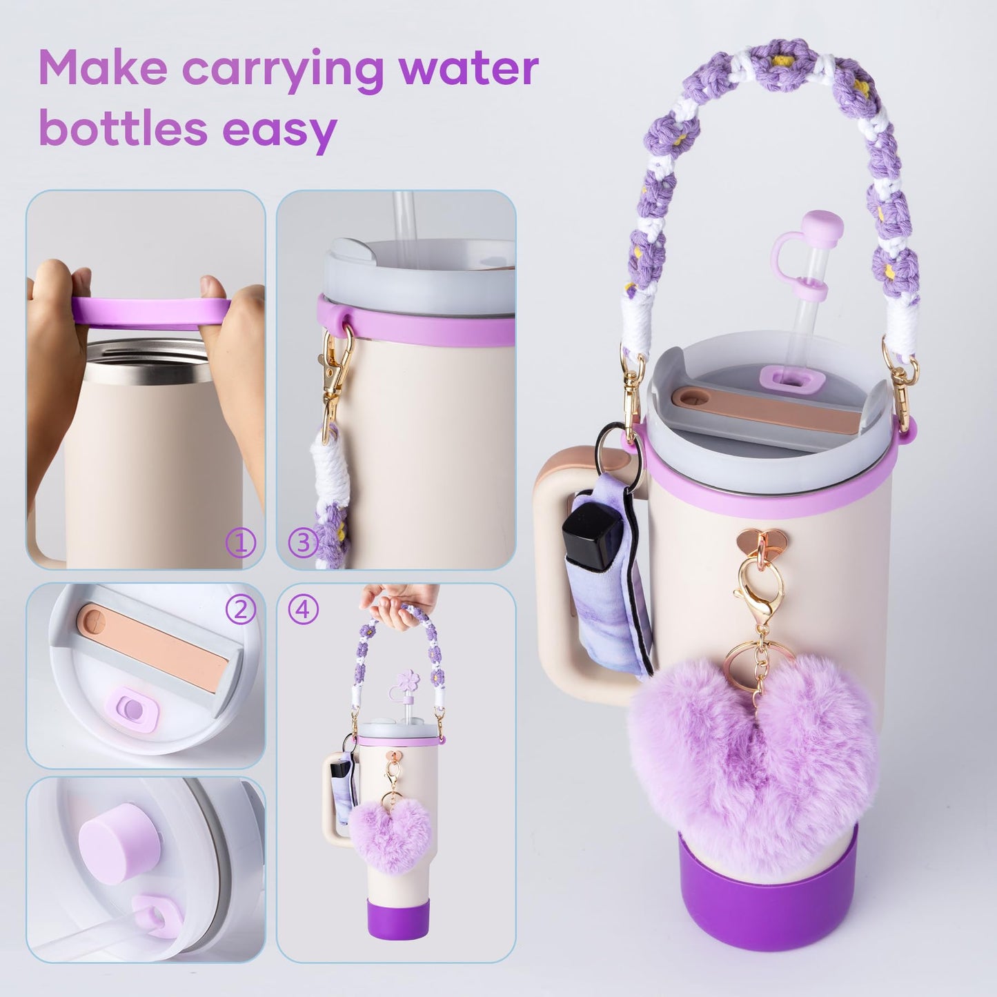 Bufilea Stanley Cup AccessoriesI Bottle Handle Carrier Strap,Silicone Cup Boot, Lipstick Holder, Straw Topper & Spill Stopper Cute Decorative Charms, Accessories for Stanley Cup 40oz/30oz Decor