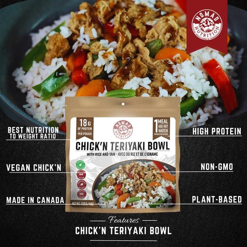 Nomad Nutrition Chick'n Teriyaki Bowl | Instant Freeze Dried Backpacking & Camping Food | Plant-Based, Non-GMO Hiking Meals with High-Energy, Vegan | 112g - 1 Pack