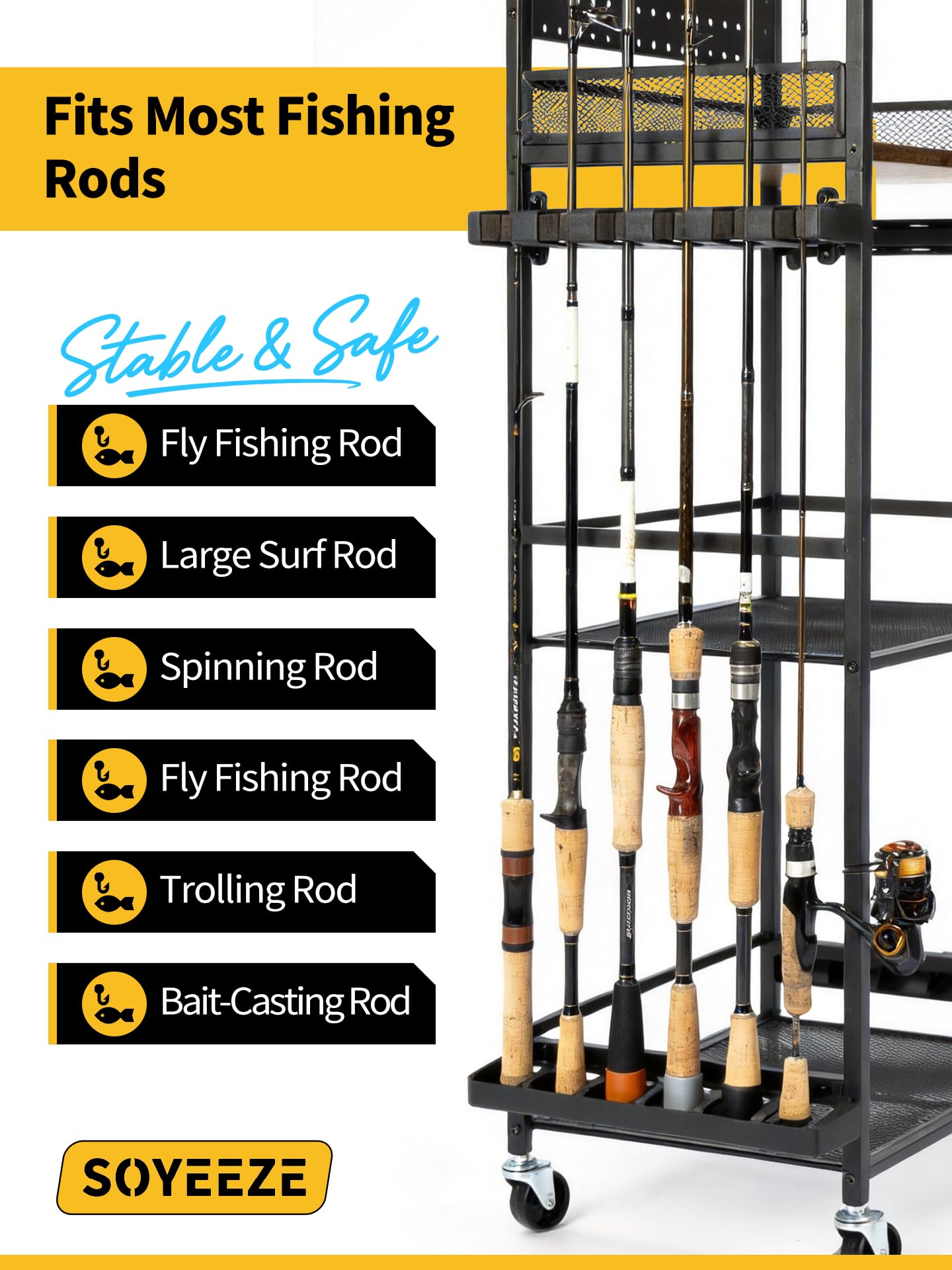 SOYEEZE Fishing Rod Holders for Garage, Fishing Pole Holders Up to 12 Rods with Pegboard and Hooks,Rolling Fishing Cart with Wheels, Fishing Gear Storage For Tackle Box & Reel Organization-6 Hooks