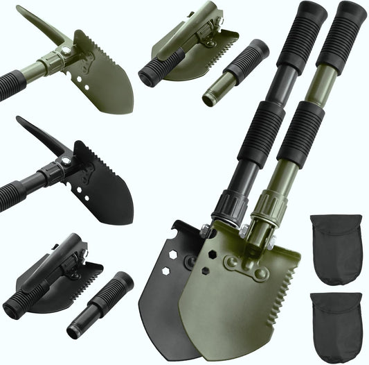 2-Pack Black & Green Folding Camping Shovels, Carbon Steel Multi-Tool Survival Shovel for Outdoor, Emergency, Hiking, Car Off-Road