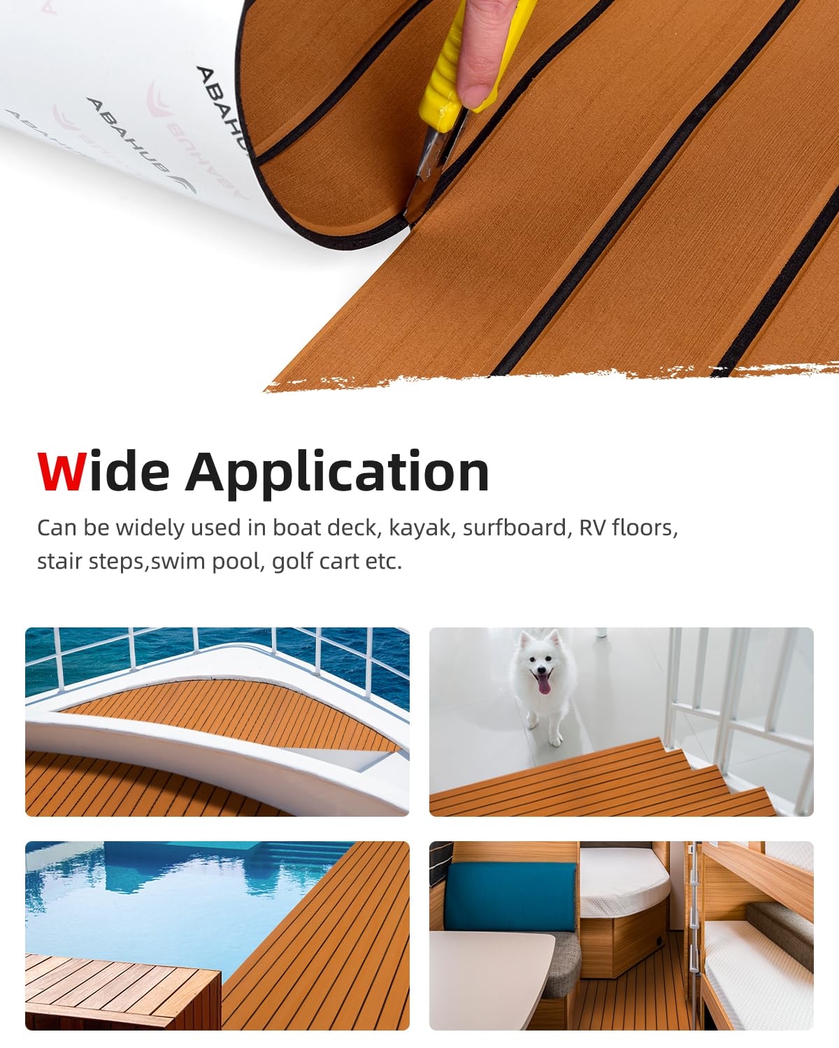 Abahub EVA Foam Boat Decking 96''x28.8'' Self-Adhesive Faux Teak Marine Flooring Sheet Traction Pad for Boats Surfboard, Brown with Black Seam Lines