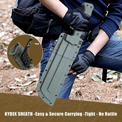 Camping Machete w Kydex Sheath for Cutting Trees Heavy Duty, DC53 Survival Machetes w Firestarter,Full Tang Nylon Fiberglass Handle,Bushcraft Knife for Yard Work, Hunting, Hiking