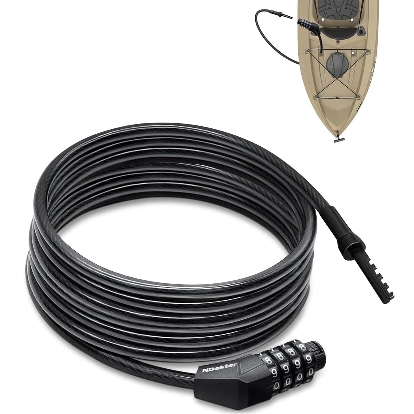 NDakte Bike Lock, Extra Long Straight Cable Lock (6FT, 12FT, 18FT, 22FT, 27ft) with Resettable Combination, Unique Narrow Designed for Kayaks, Scooters, Paddle Boards and Outdoor Gear