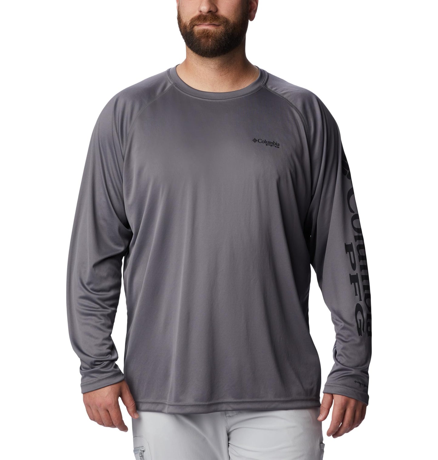 Columbia Men's PFG Terminal Tackle Long Sleeve Fishing Shirt, City Grey/Black Logo, Large Tall