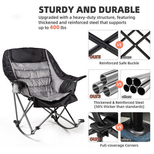 Foristrail Oversized Rocking Camping Chair for Adults - 400lbs Capacity Padded Camp Chair with Cup Holder, Portable Foldable Outdoor Rocker Chair for Camping, Backyard, Patio (Black & Gray)