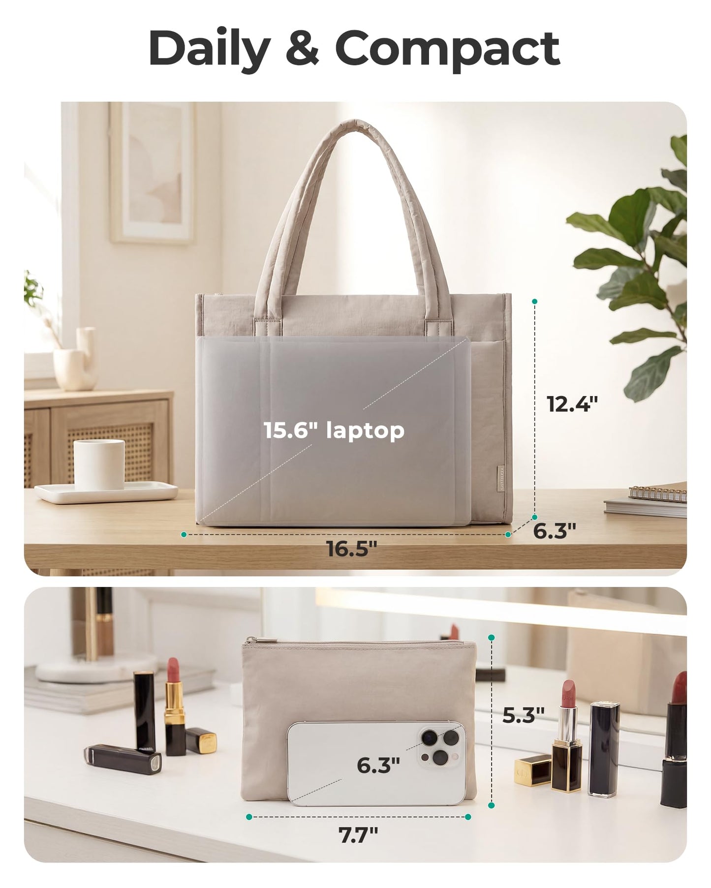 BAGSMART Tote Bag for Women, 2Pc Puffy Tote Bag Set with Zipper, Quilted Large Work Teacher Bag for Travel