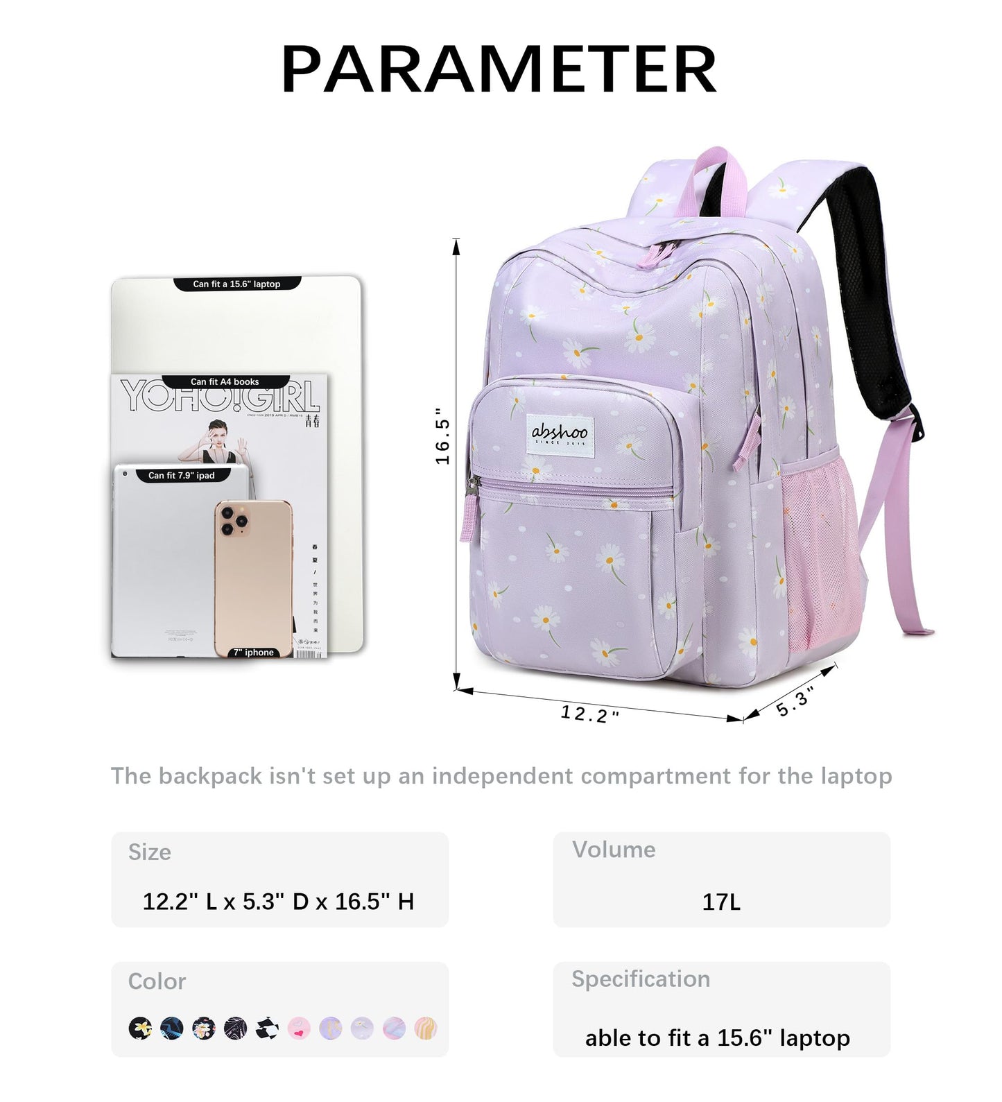 abshoo Classical Basic Daisy Womens School Backpack For College Teen Girls Water Resistant Bookbag (Daisy Purple)