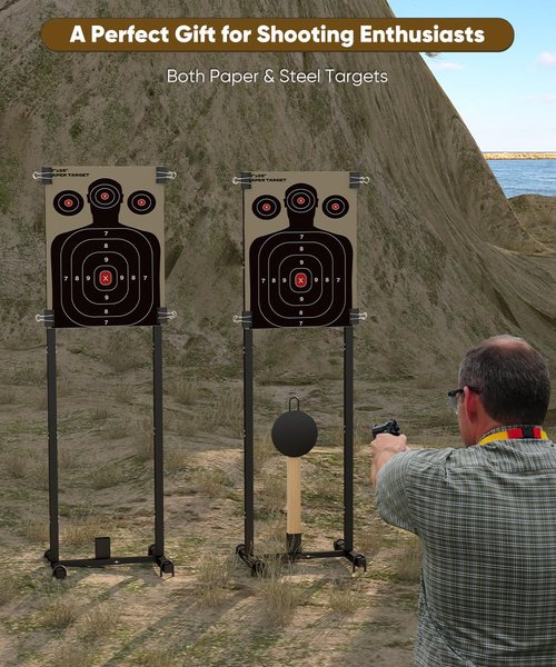 Balie Space 2-in-1 Shooting Target Stand Holder with 10pcs 17x25 Inch Paper Targets for Outdoor, Heavy Duty Range Base Adjustable Width from 8" to 24" for Cardboard Silhouette and Steel Target, Black
