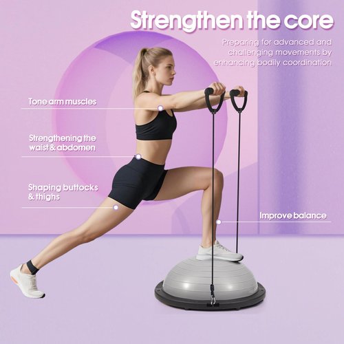 Half Balance Ball Trainer, 26 inch Stability Ball with Resistance Bands, Exercise Ball with Foot Pump, Gray