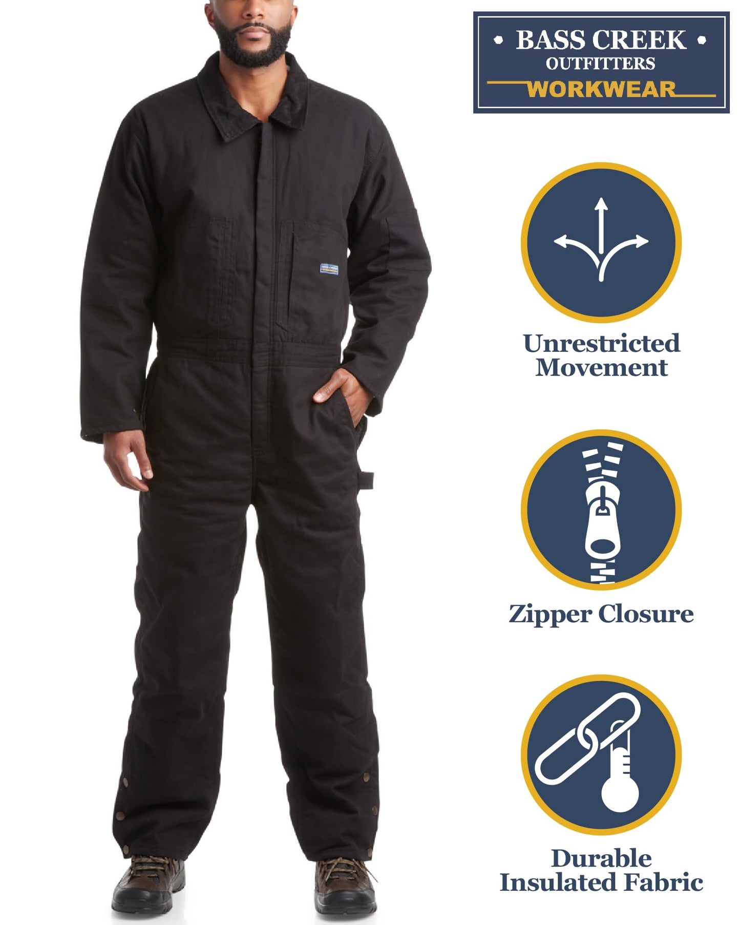Bass Creek Outfitters Mens Coveralls - Durable Long Sleeve Work Wear Jump Suit Insulated Coveralls for Men with Pockets, Size X-Large, Black