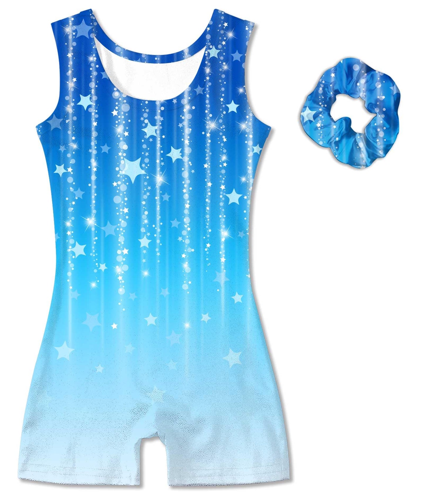 Vogseek Gymnastics Leotards for Big Girls Size 12 Blue Stars Sparkle Ballet Dancewear Sets with Hair Scrunchine Quick Dry Drift 2PC Classic 3D Printed Shiny Dots Tumbling Outfits