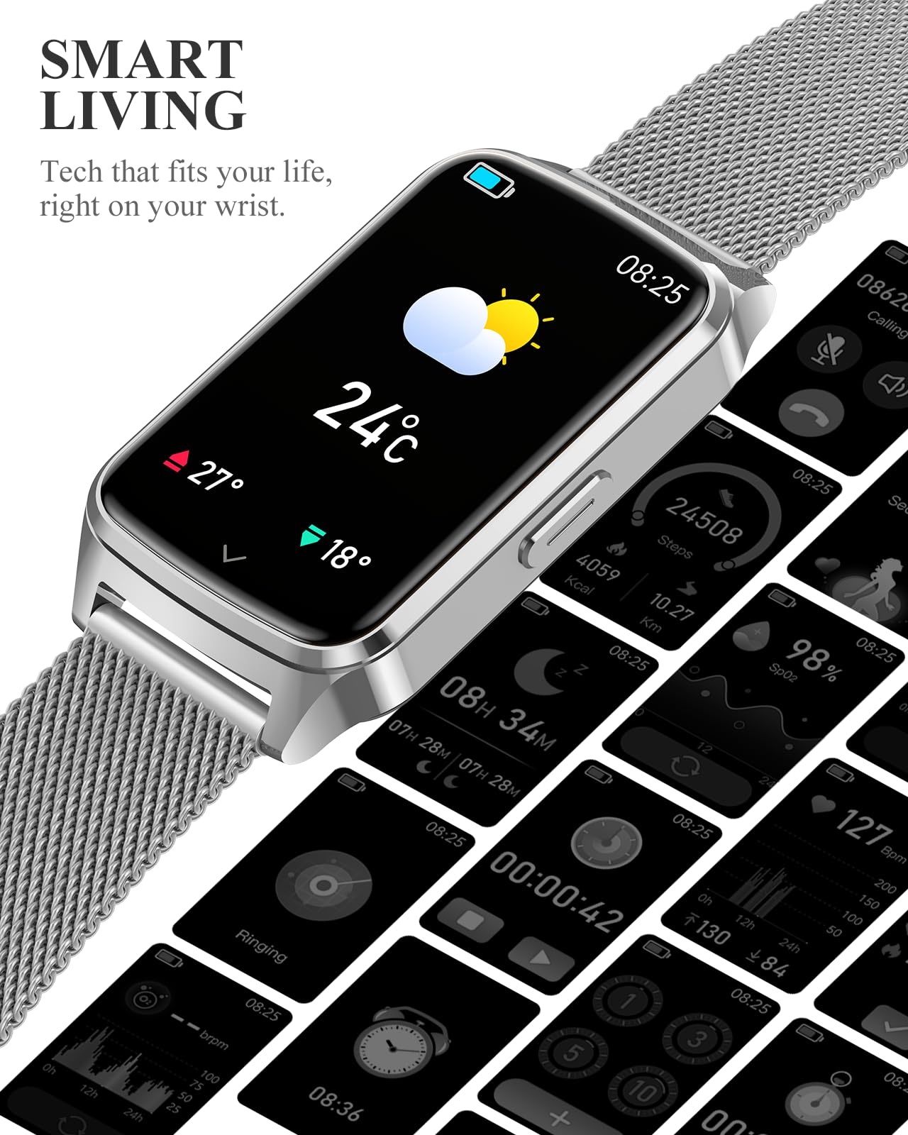ChronArk Fitness Tracker Watch for Women Men, Step Counter Compatible with iPhone Android, IP68 Waterproof Activity Tracker with Sleep Monitor, 110+ Sports Pedometer (Cold Steel Silver, 1.57)