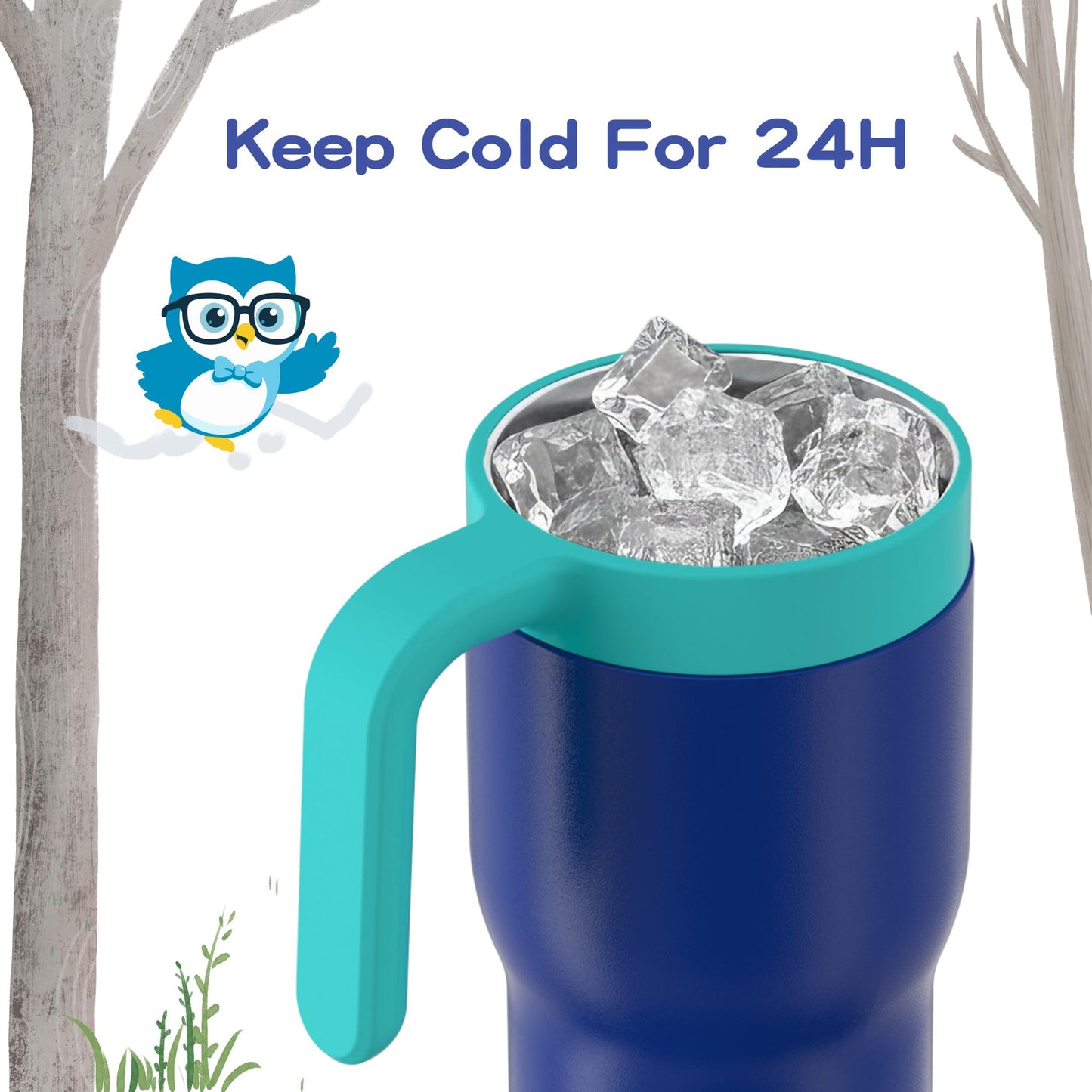 OISIZ 14oz Kids Tumbler with Straw Lid & Handle,Kids Cup with Animal Accessory for School,Kids Water Bottles with Dust-proof Cover,Leakproof Water Bottles,316 Stainless Steel,Keep Cold 24 Hours-blue