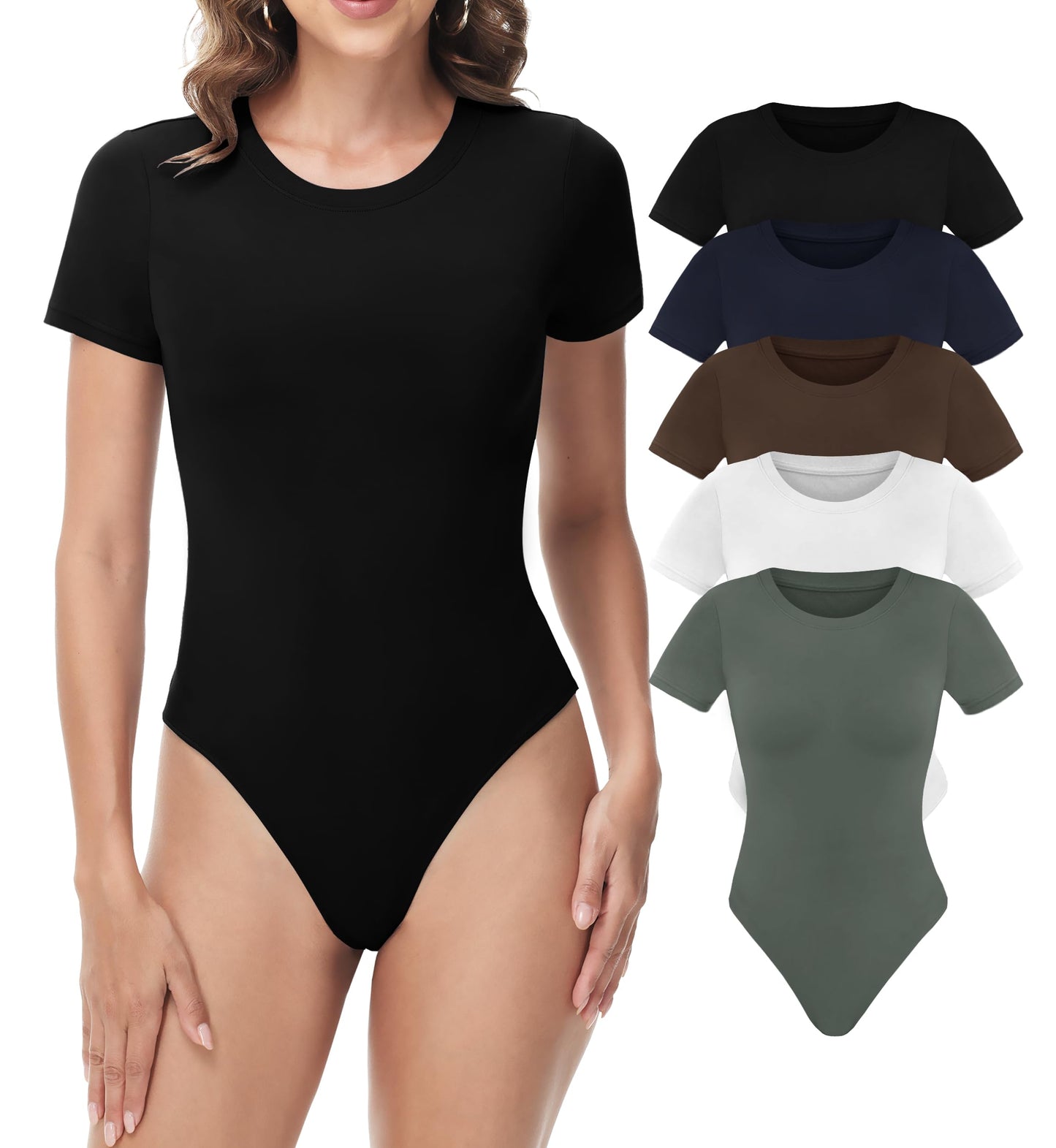 Sundwudu 5 Pack Body suits for Women - Stretchy Bodysuit Womens Tops Round Neck Body Suit T Shirts for Women Going Out Tops