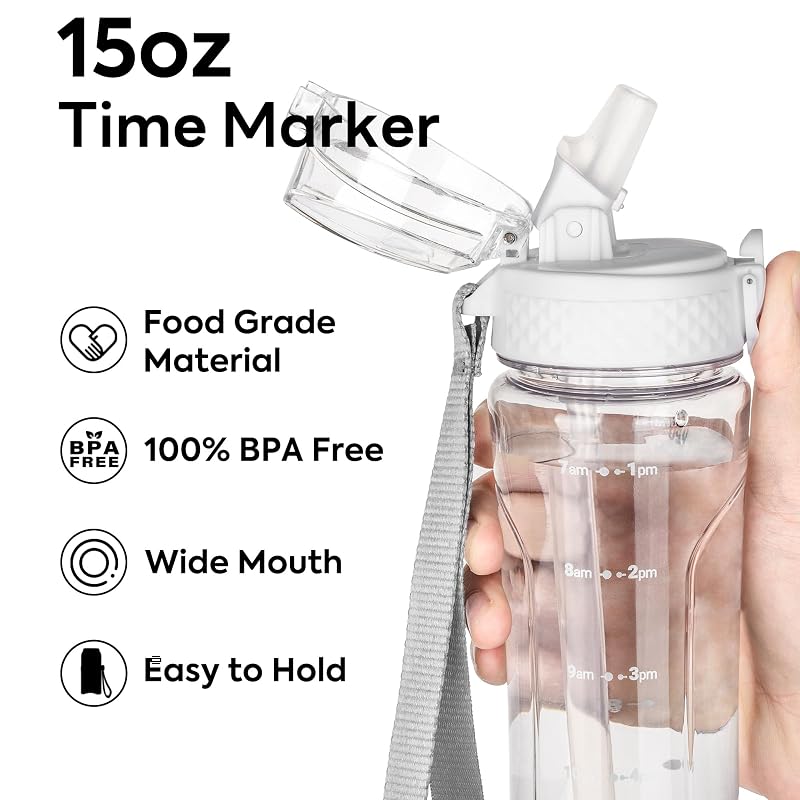 OLDLEY 15 oz Leak-Proof Kids Water Bottle with Straw - BPA-Free Tritan, Time Marker, 1 Straw Lid, Transparent