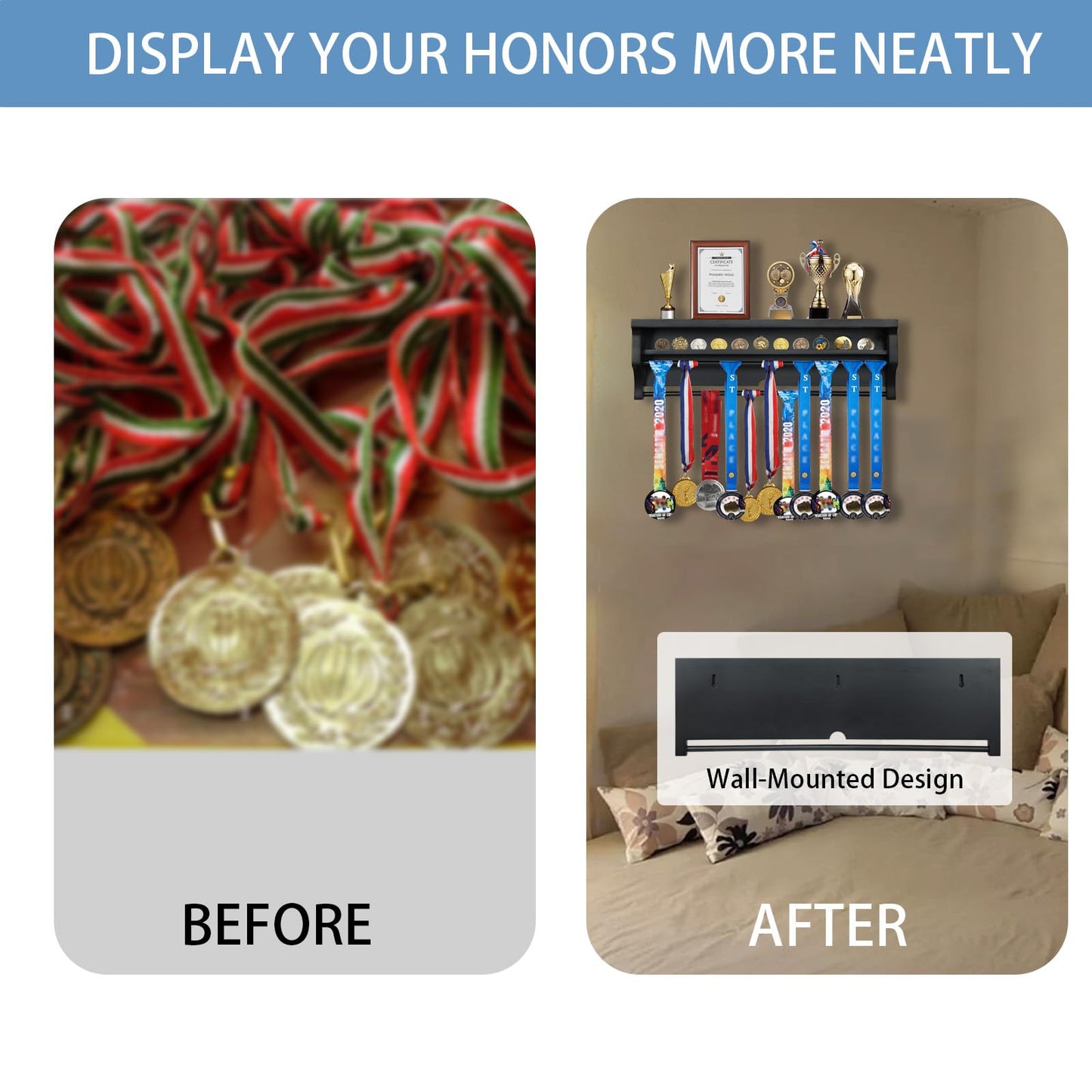 IHEIPYE Solid Wood Medal Hanger Display Shelf, Wall Mount Medal Rack Display Holder for Runners, Marathon, Race Winner, Soccer, Football, Gymnastics & All Sports - Black