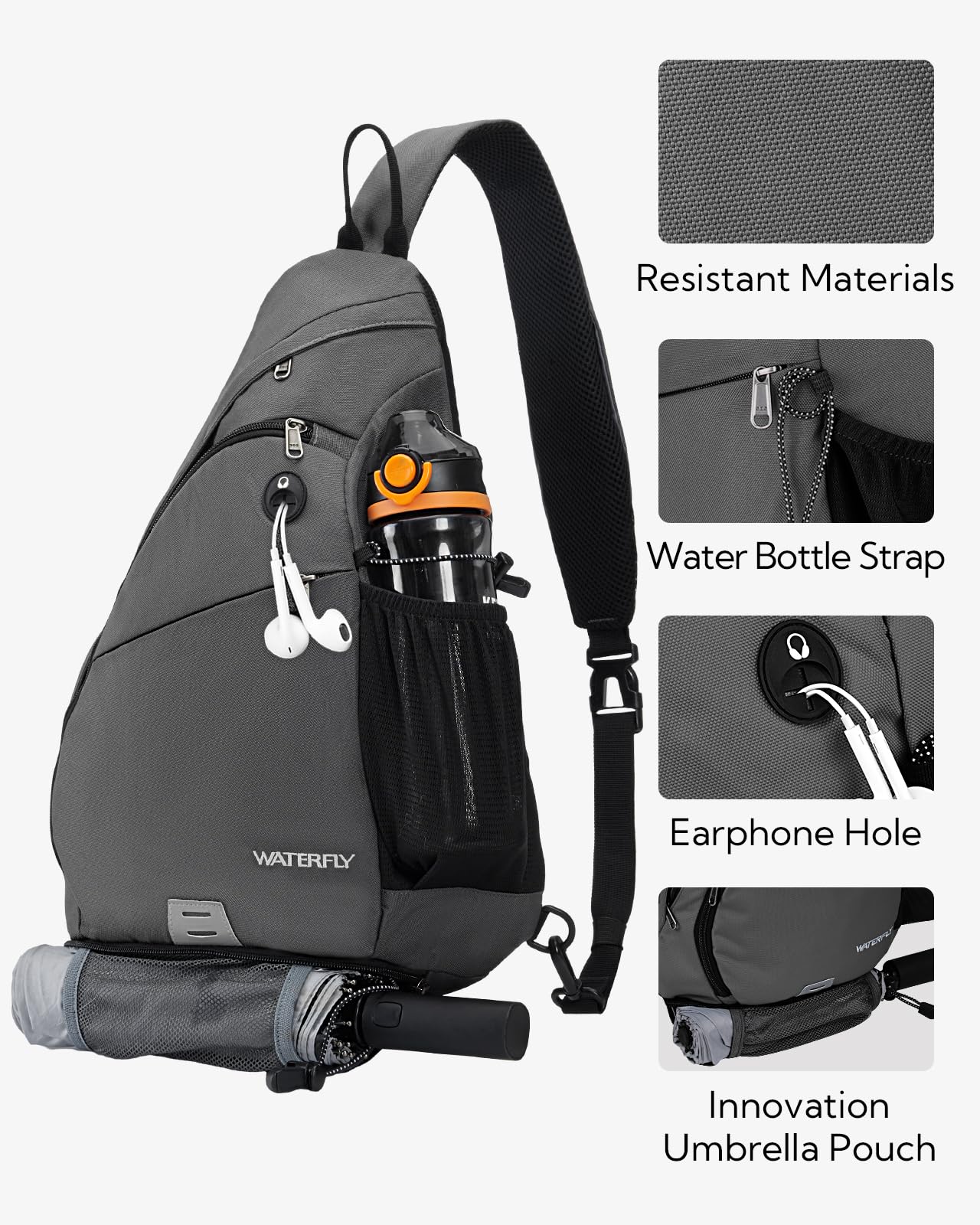 WATERFLY Sling Bag Sling Backpack Small Crossbody Shoulder Bag for Men Women Traveling Cycling Hiking Daypack