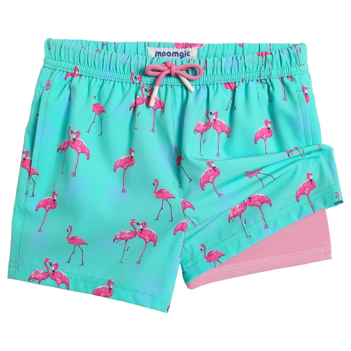 maamgic Boys Swim Trunks with Compression Liner Toddler Stretch Swim Shorts Quick Dry Swimming Trunks Boxer Brief 2 in 1 Beach Shorts Blue Flamingos 4T