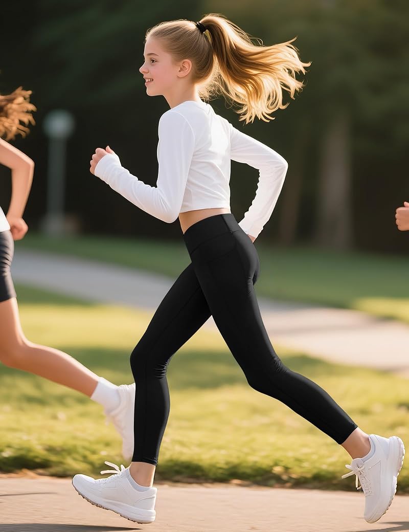 High Waist Girls Athletic Leggings with Pockets - Black, 11-12 Years