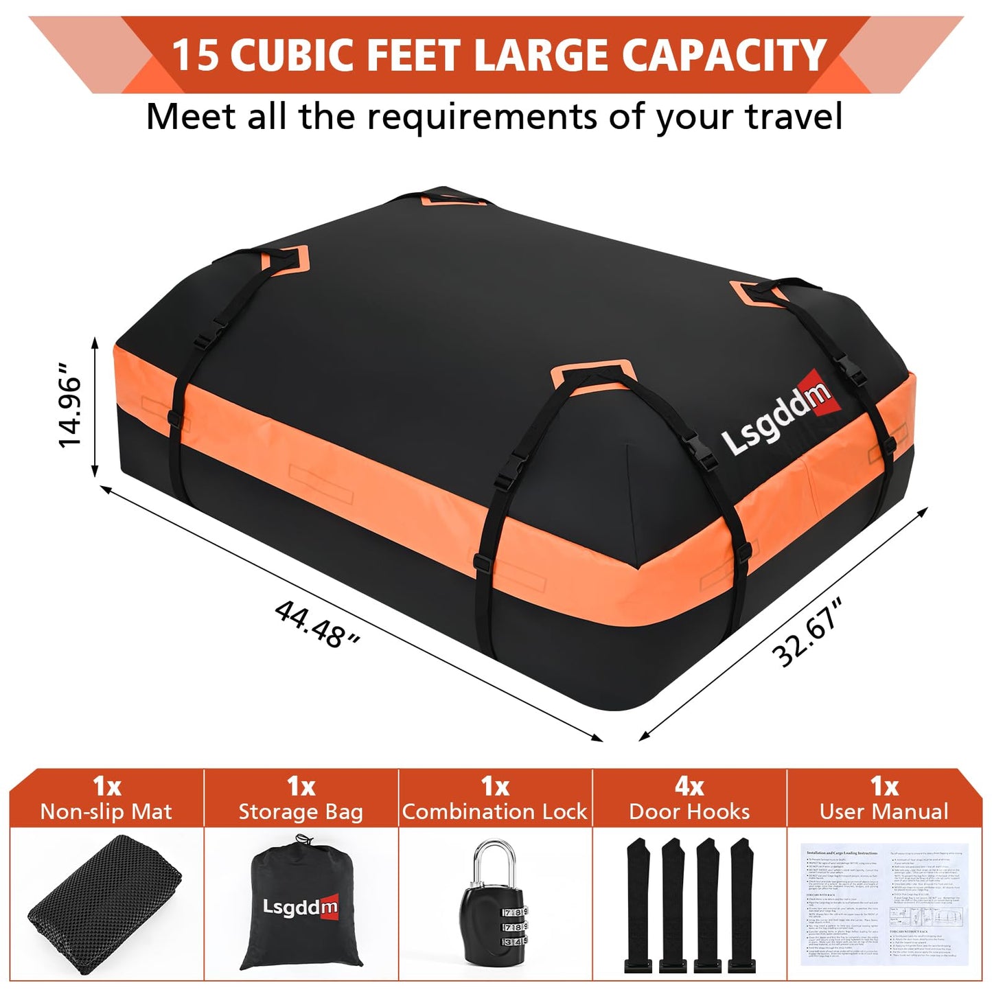 CYDDUP Roof Bag, Waterproof Soft Car Top Carrier Without Rack, 15 Cubic Feet Cargo Carrier for Top of All Vehicles with/Without Rack, Includes Anti-Slip Mat, 4 Door Hooks, Luggage Lock, Storage Bag