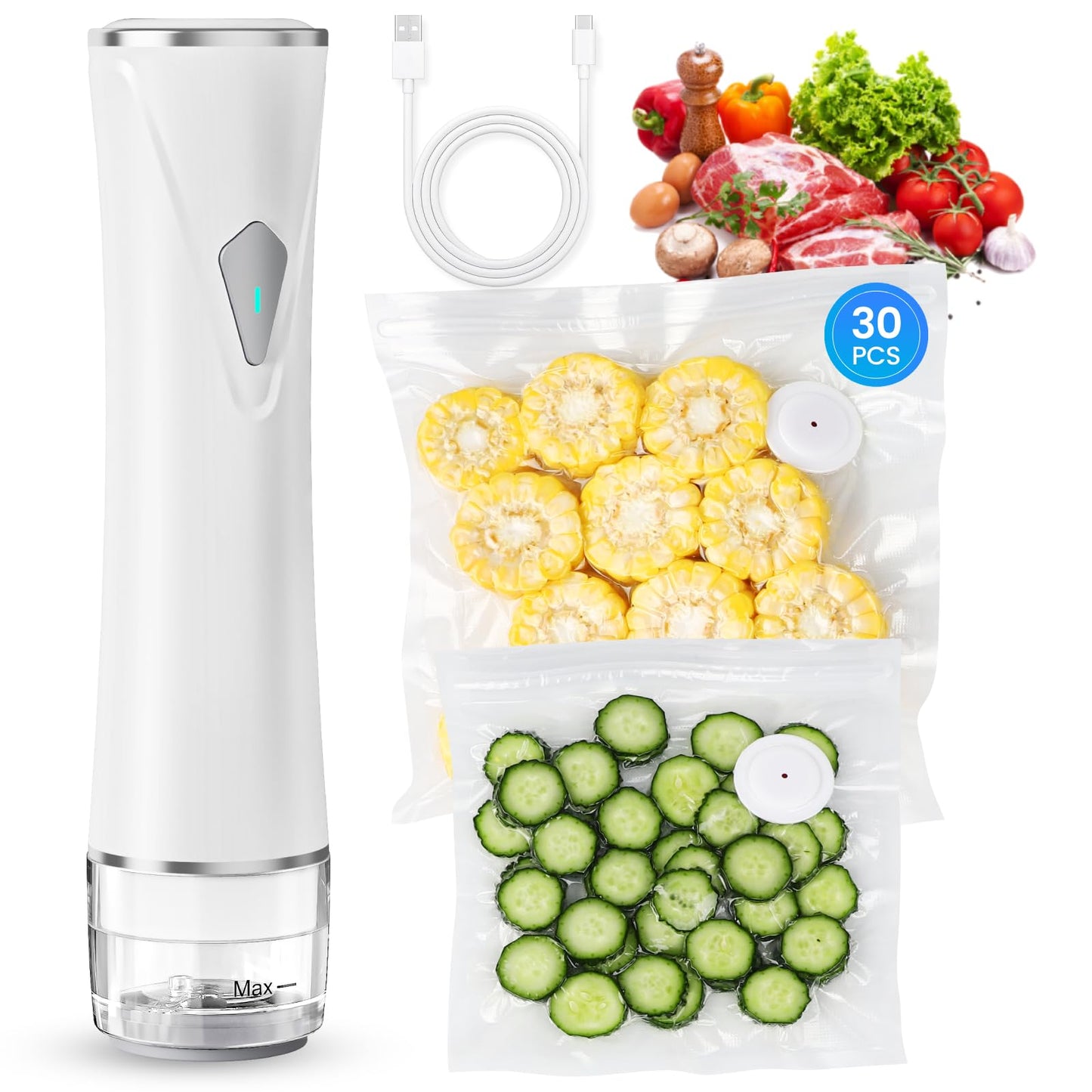 Gikxki Vacuum Sealer for Food with Visible Tank, Handheld Vacuum Sealer Machine with 30 Reusable Bags for 5X Longer Freshness, Wireless & Portable, White