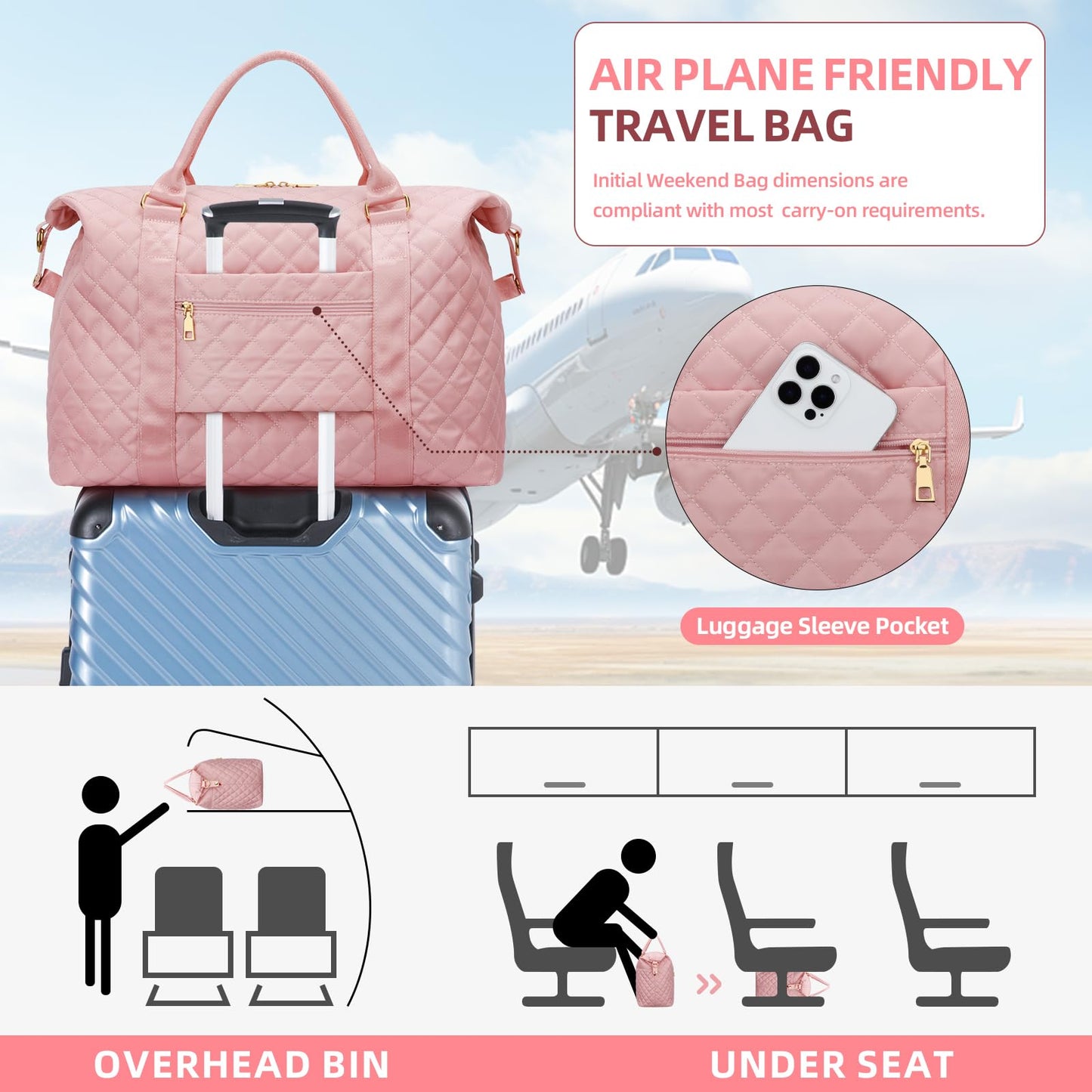 Gifts for Teen Girl, Initial Travel Duffle Bag, Personalized Women Weekender Overnight Bags, Gift for Daughter Kid Mom Friend College Girl Graduation Teacher（Pink,L)