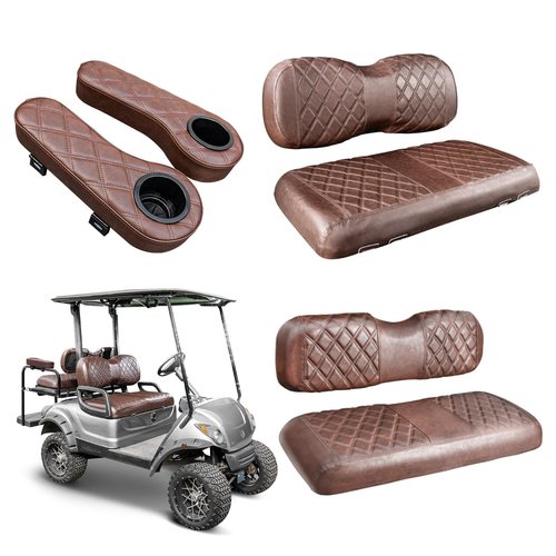 NOKINS Golf Cart Seat Covers for YAMAHA/G29/Drive2, Vinyl Front&Rear Seat Cover with Flip-Up Armrests kit, with Cup Holder, for 1" Square Tube (Brown&Brown 8438)