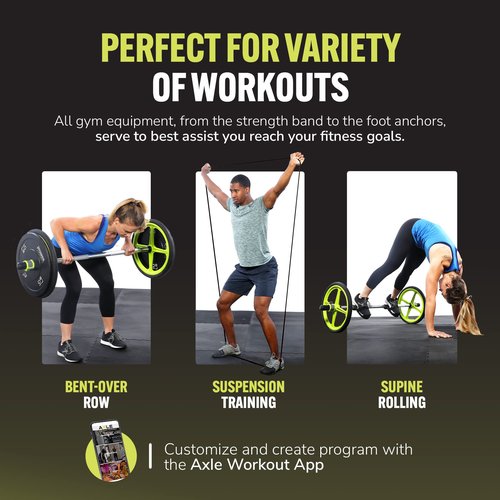 AXLE Home Gym Workout Barbell Bundle with Ab Roller Wheels, 5kg Weights, Foot Anchors, & Resistance Band, Collapsible Workout Equipment & Outdoor Training for Men, Women, and Youth