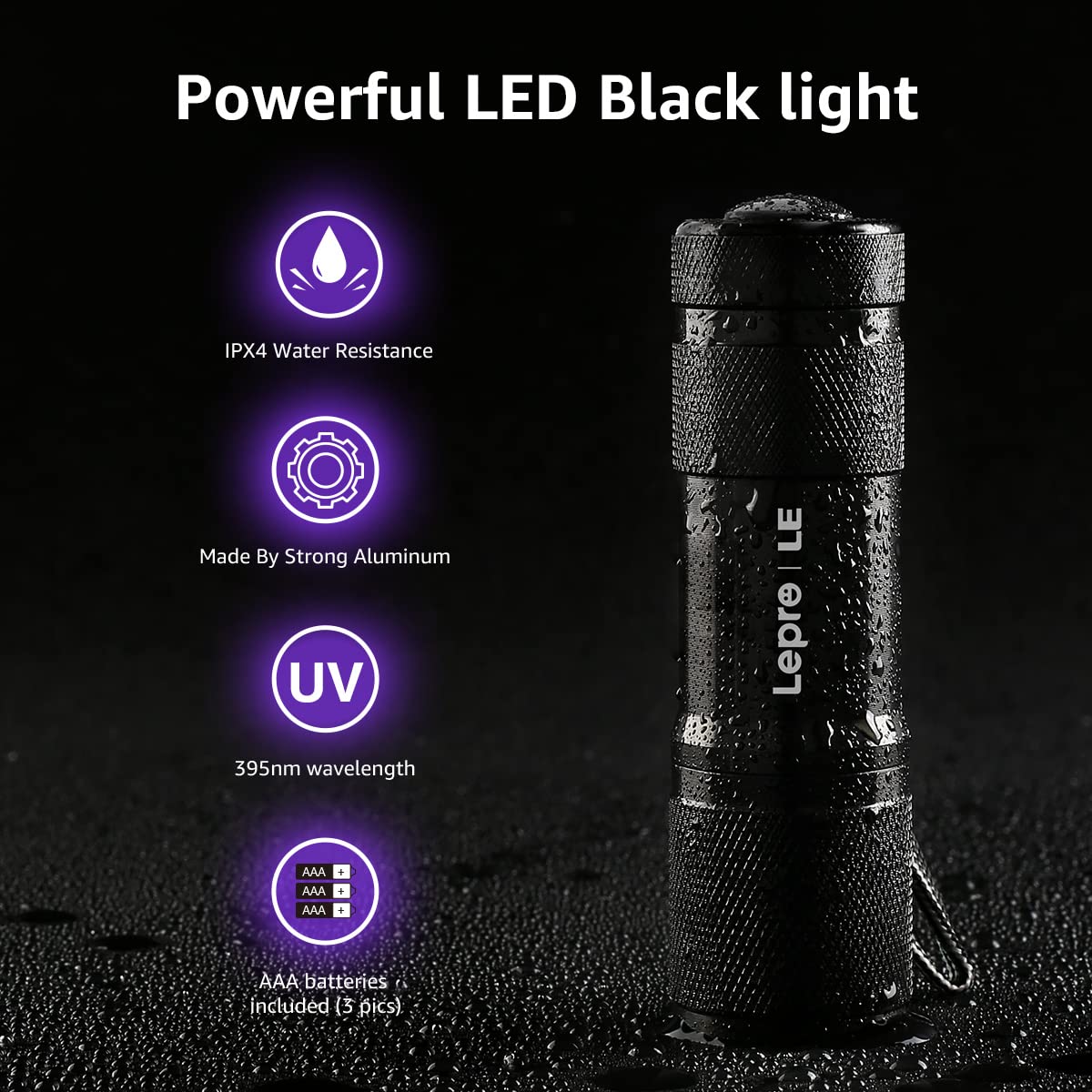 LE Small UV Blacklight Flashlight, Portable Black Light 395nm, Ultraviolet Light Detector for Invisible Ink Pens, Dog Cat Pet Urine Stain, AAA Batteries Included