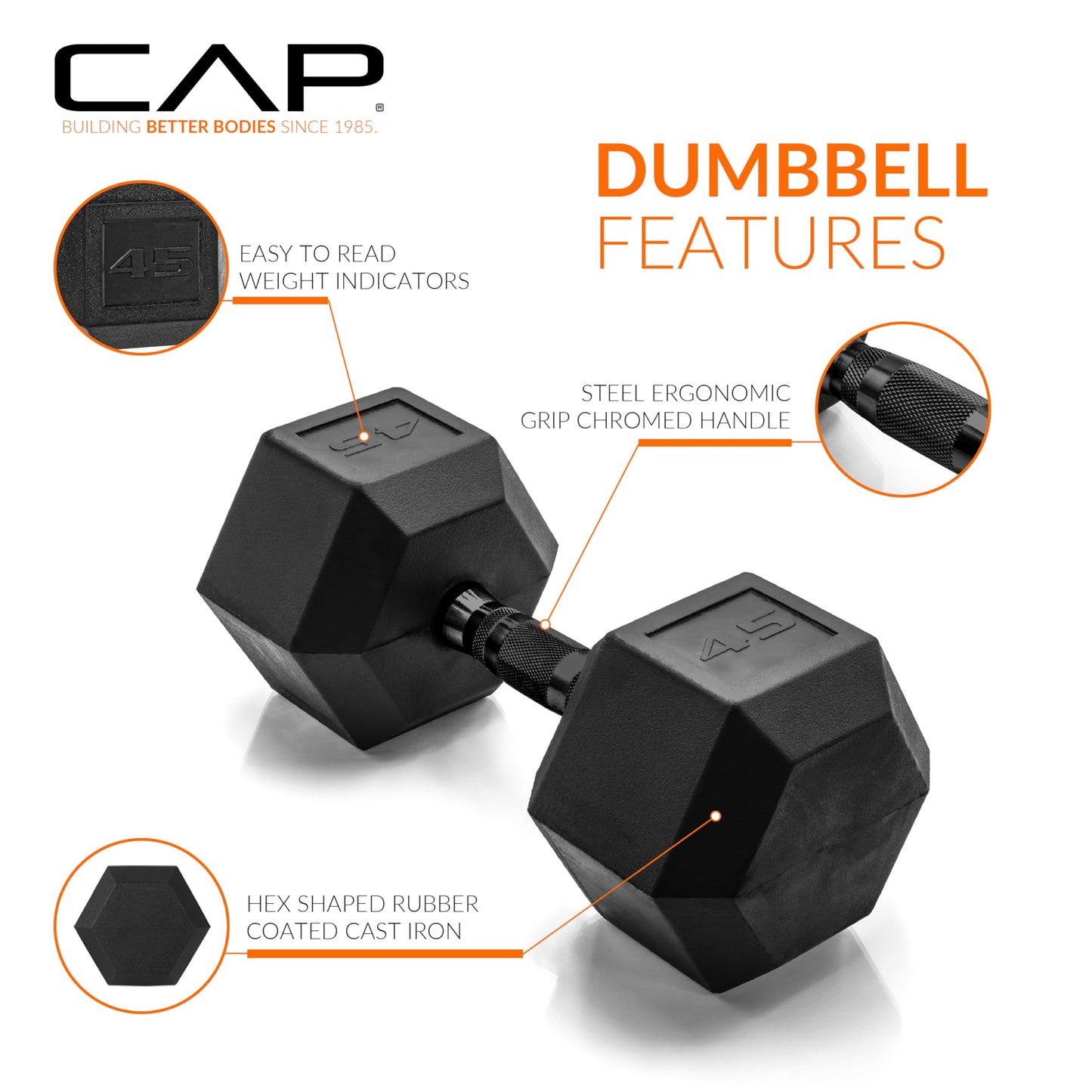 CAP 45lb Rubber Coated Hex Dumbbell, Black Grip, Free Weights, Single