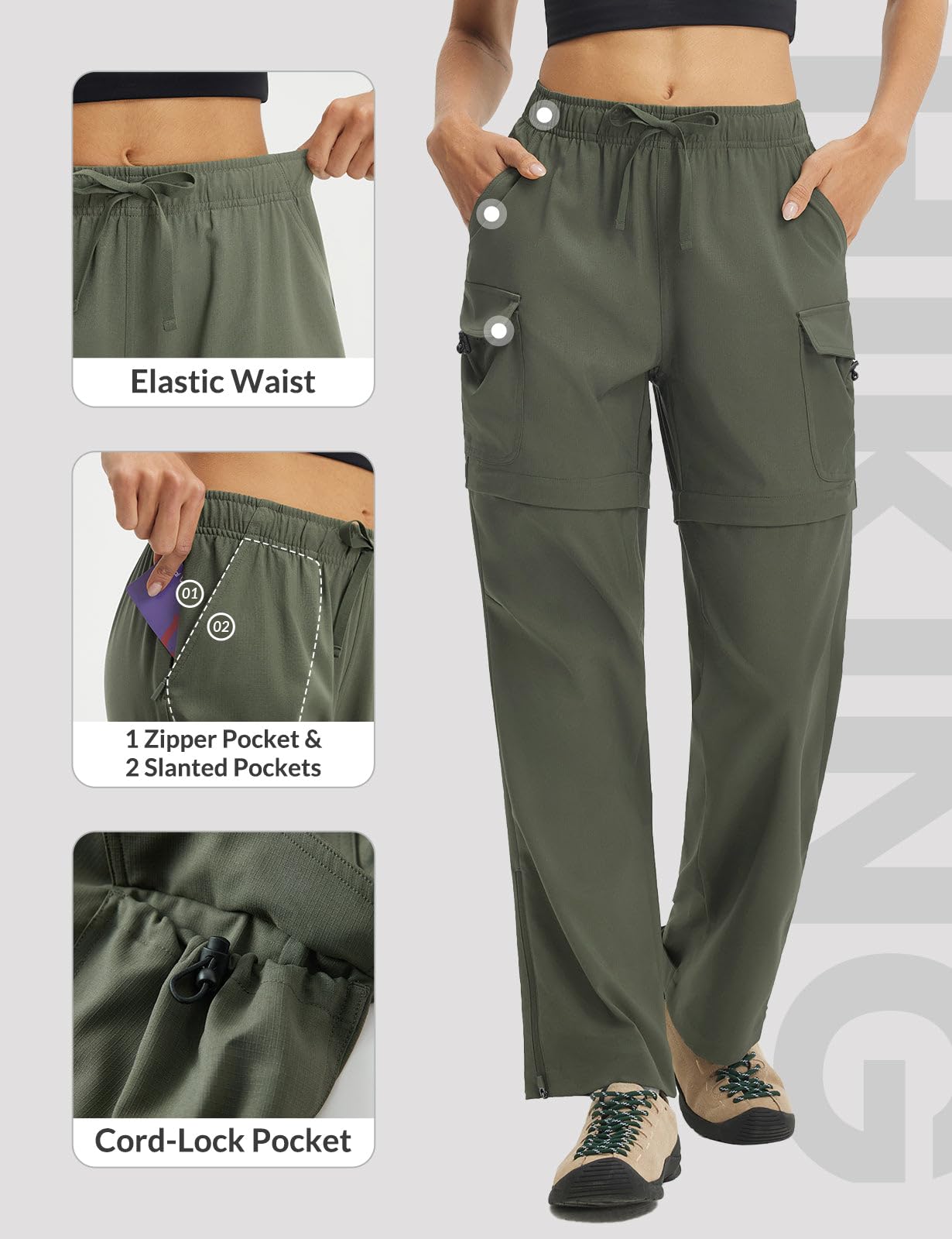 baleaf Women's Hiking Pants 29'' Convertible Zip-Off Pants Army Green L