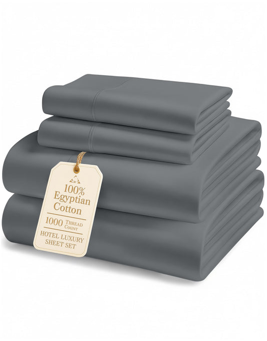 100% Egyptian Cotton King Sheet Set – Premium 1000 Thread Count Naturally Cooling & Breathable King Sheets, Authentic Long-Staple Cotton for Lasting Softness, Snug Fit 15" Deep Pocket Fitted -Charcoal