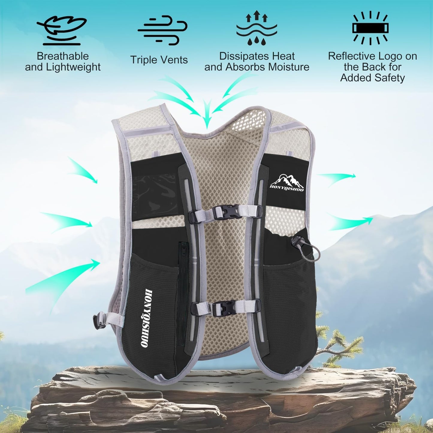 Hydration Vest Pack Backpack, Running Vest for Women Men, Adjustable Chest Straps Running Hydration Vest with 500ml Soft Flask, Vest for Trail Hiking
