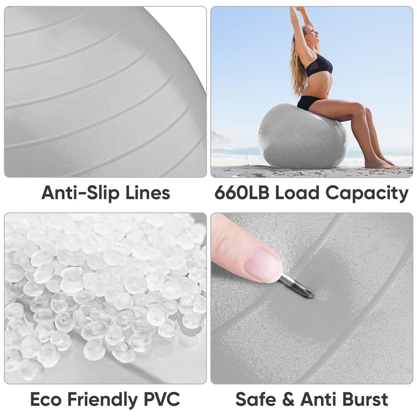 APEXUP Yoga Ball Exercise Ball Anti Slip Heavy Duty for Fitness, Balance & Core Workout, Balance Training, Pregnancy & Physical Therapy, 5 Sizes (XL (27"~30") 75cm, Silver)