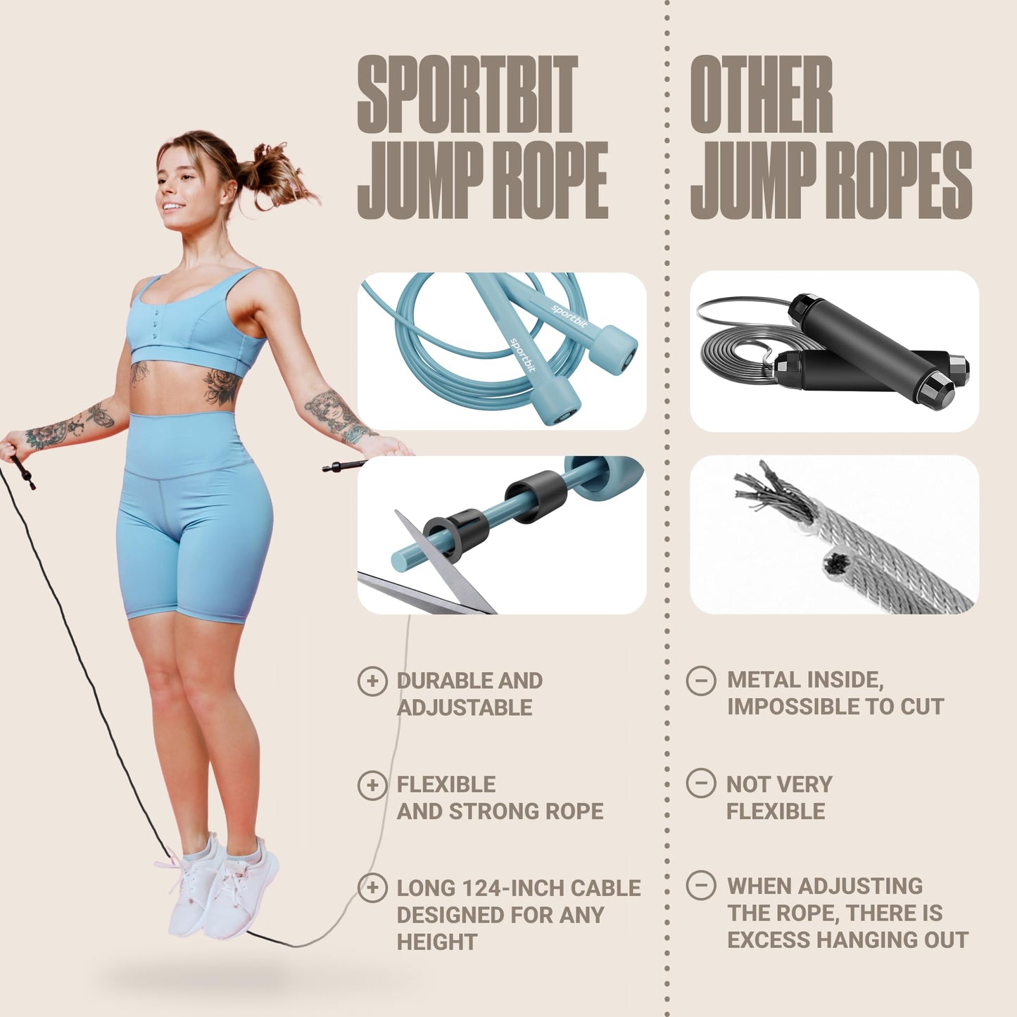 SPORTBIT Adjustable Jump Rope for Fitness and Exercise – Skipping Rope for Cardio, Boxing, and Weight Loss – Speed Rope perfect for Men & Women