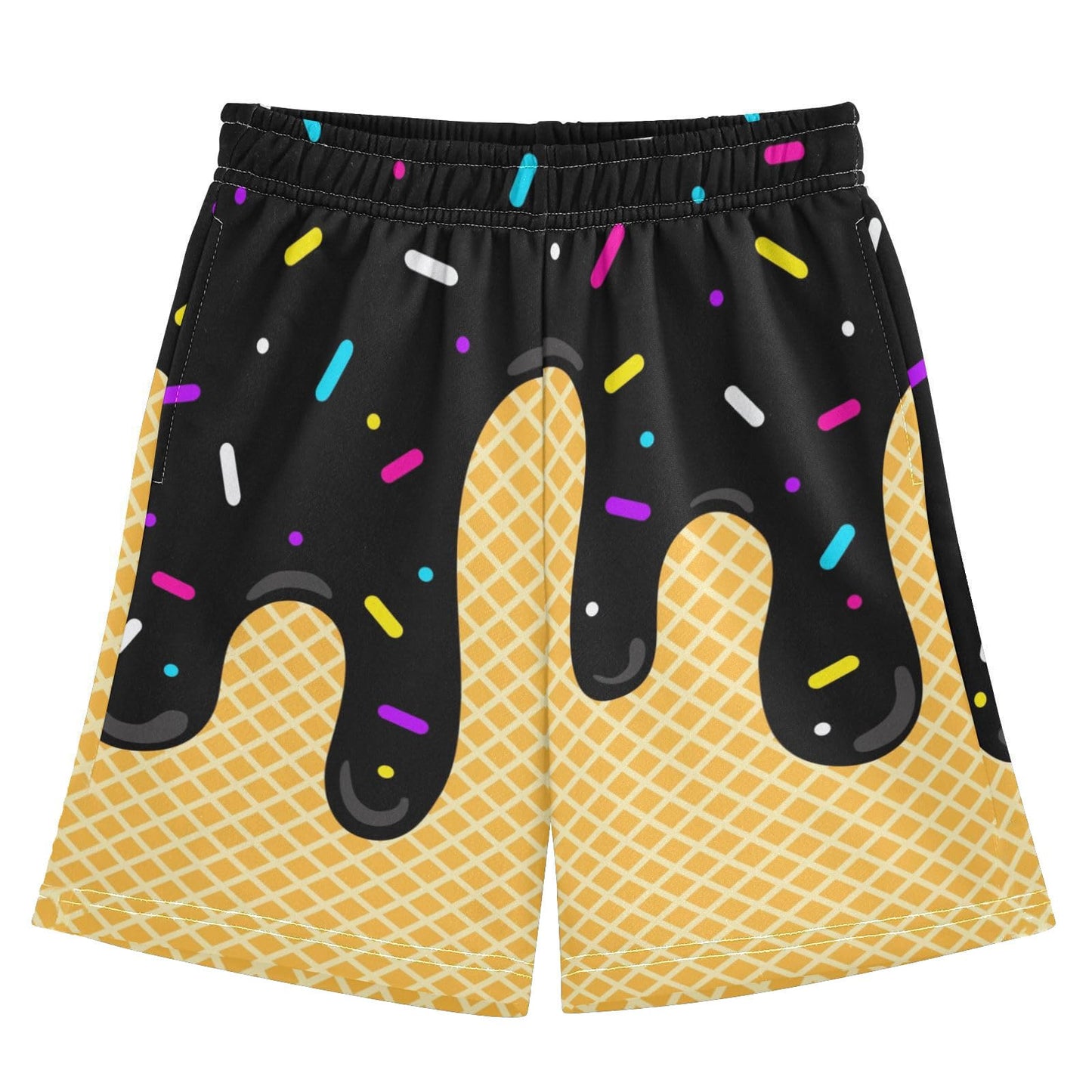 Ice Cream Boys Casual Shorts Athletic Gym Drip Baseball Shorts Elastic Waist with Pockets, Summer Sports Outdoor Home Wear Black 11-12 Years
