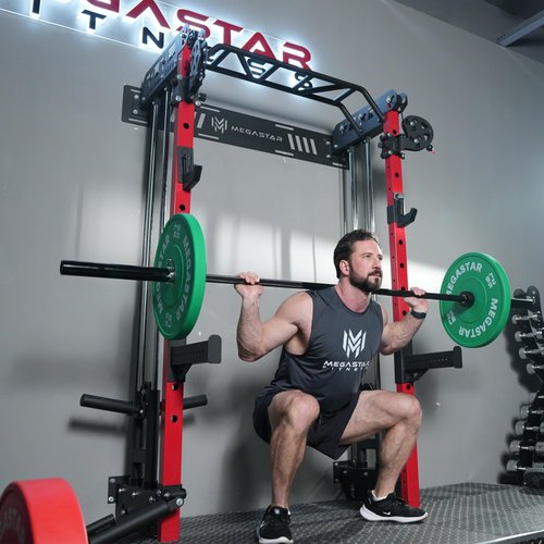 MEGASTAR Wall Mounted Power Rack Home Gym Package – 1600LB Capacity Compact Commercial Home Gym with Dual Cable Crossover, LAT Pulldown & Multi-Grip Pull-Up Bar for Small Spaces, P67 Striker Red