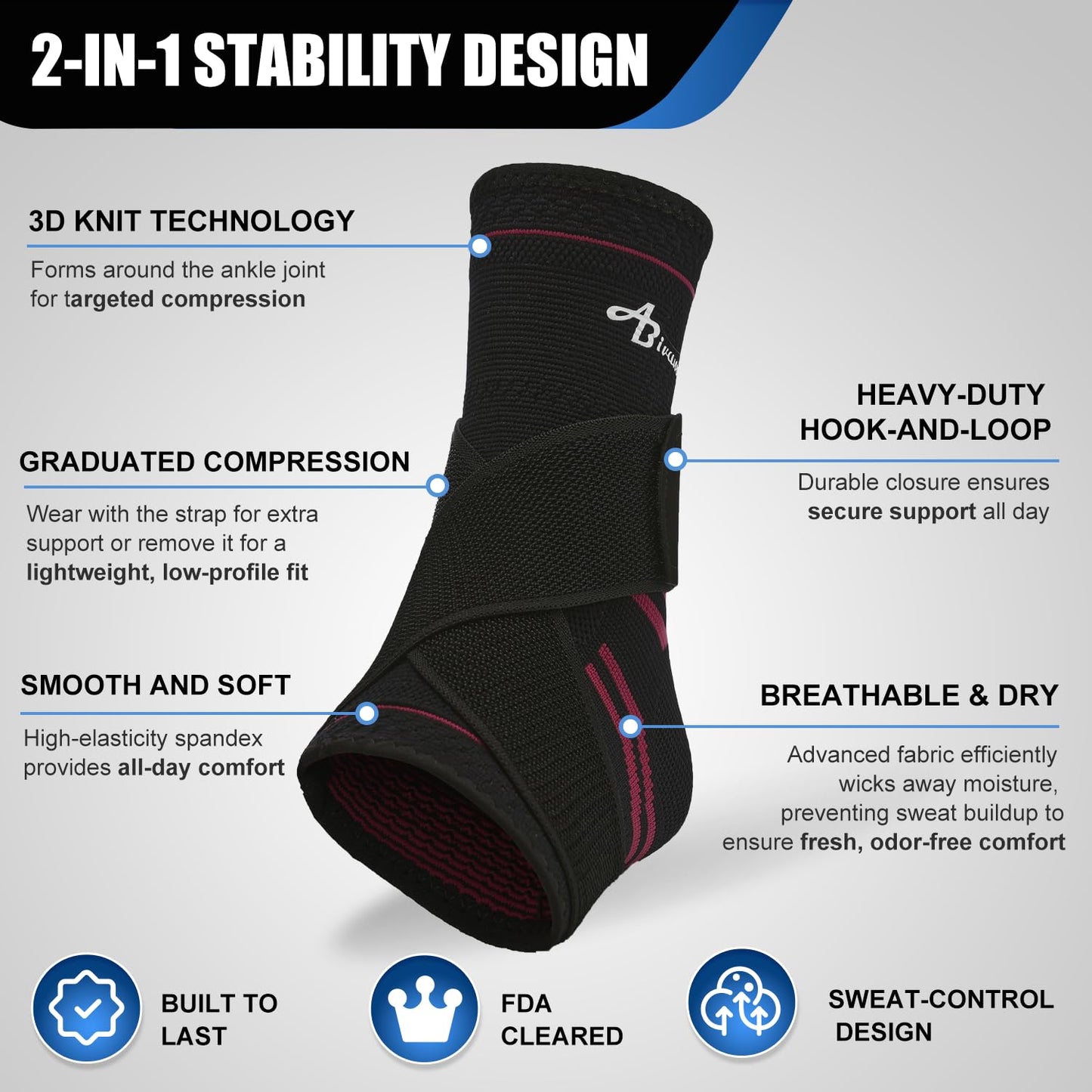 ABIRAM Ankle Brace for Men & Women - Adjustable Compression Sleeve with Wrap, Stability Support & Relief for Sprained Ankle, Plantar Fasciitis & Achilles Tendonitis - Breathable Running & Sports Gear