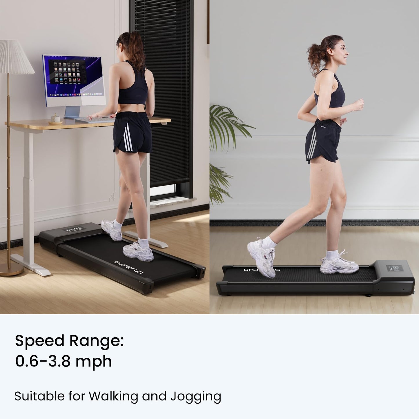 Superun SupeRun Under Desk Treadmill, Walking Pad, Portable Treadmill with Remote & APP Control and LED Display, Quiet Walking Jogging Machine for Office Home Use (Black02)