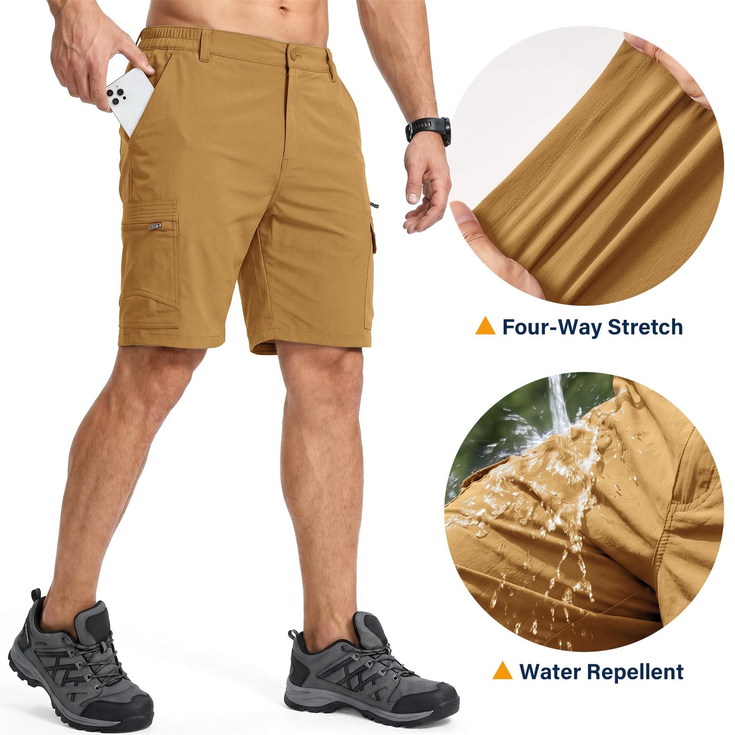 Jessie Kidden Mens Outdoor Casual Expandable Waist Lightweight Water Resistant Quick Dry Fishing Hiking Shorts (6222 Yellow Brown 38)