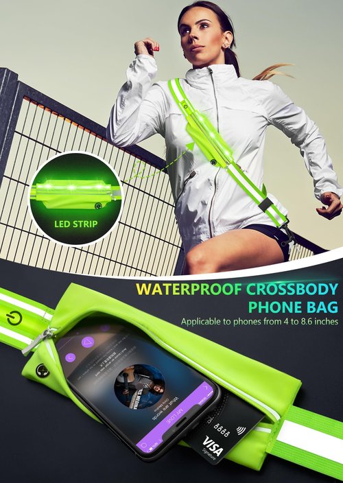 Fokia Kunbio LED Reflective Belt Sash for Walking at Night, Night Running Safety Gear High Visibility Rechargeable LED Light Up Running Belt for Runners Walkers Men Women (Green)