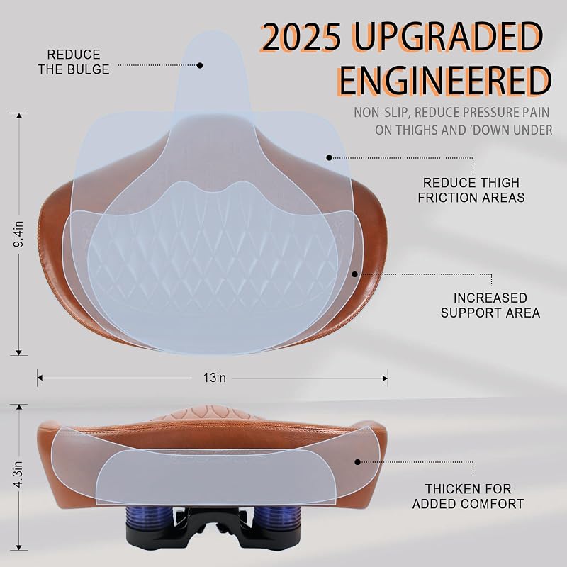 Noseless Oversized Bike Seat 9.44x13in for Men Women - PU Foam Cushion for Peloton & E-Bikes (Brown, 13L-9.4W)