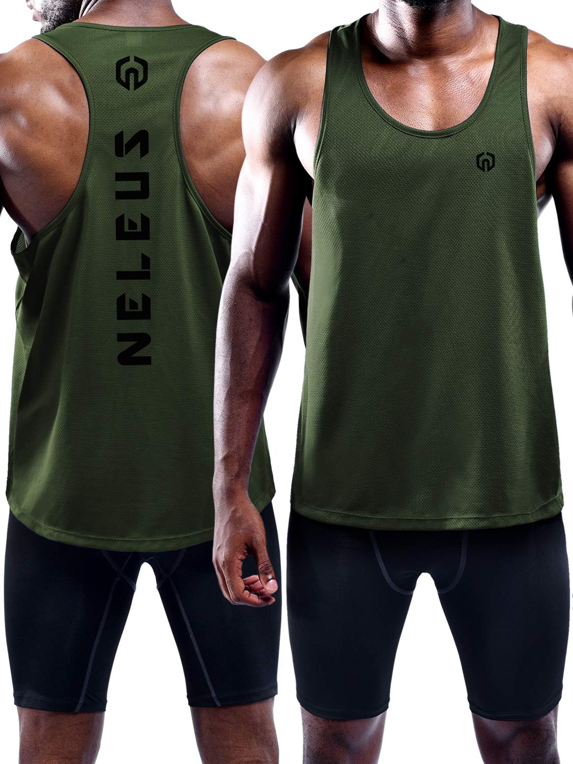 NELEUS Men's 3 Pack Dry Fit Y-Back Muscle Tank Workout Gym Shirt,5031,Olive Green,Blue,Navy Blue, M