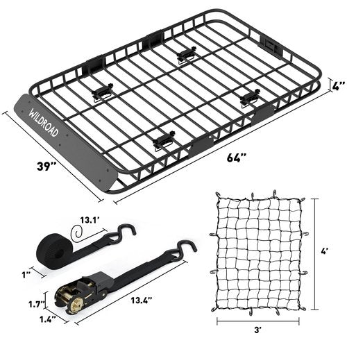 WILDROAD Car Roof Cargo Carrier Combo of Upgraded 64"x 39"x 4" Roof Rack Cargo Basket, Super Duty Bungee Cargo Net. Universal Car Top Luggage Holder Carrier Basket Fits for SUV Truck Cars