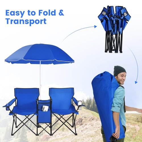CHEFJOY Double Camping Chair, 2-Person Portable Beach Chair w/Removable Umbrella, Cup Holders & Carrying Bag, Folding Loveseat Chairs for Adults Outdoor Picnic (Blue)