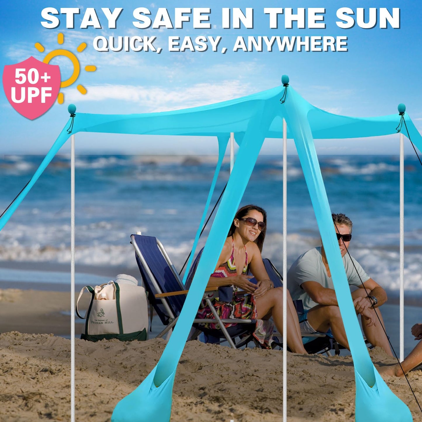 Beach Canopy Beach Tent 11X11 FT 6 Sandbags 4 Stability Poles Beach Shade Canopy UPF50+ Sun Protection Extra Windproof Ropes Carry Bag Easy to Set Up for Outdoor Camping