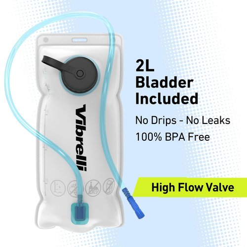Vibrelli Hydration Pack & 2L Hydration Water Bladder - High Flow Bite Valve - Hydration Backpack with Storage - Lightweight Running Backpack, Also for Cycling, Hiking, Ski, Snow for Men, Women & Kids