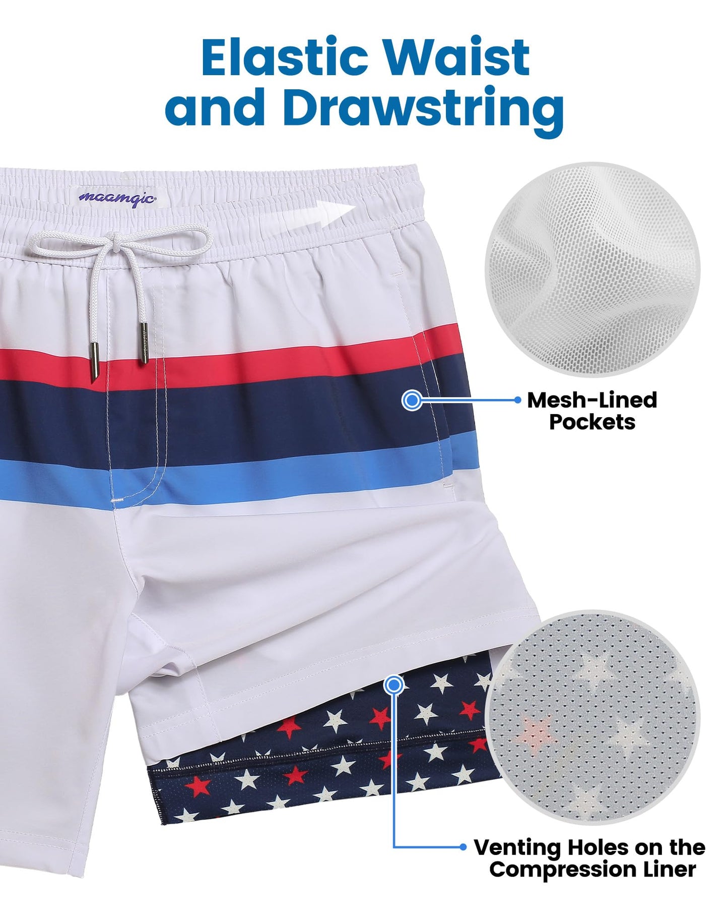 maamgic Mens Swim Trunks with Compression Liner 7 Inch Inseam Mens Bathing Suit Quick Dry Swimming Trunks Swimsuit Flag Stars and White X-Large