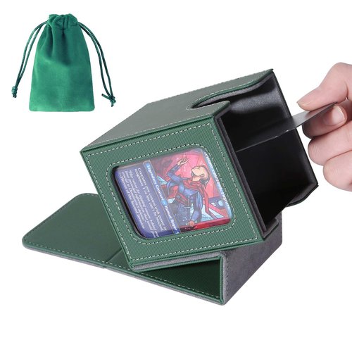 AFIING MTG Deck Box for Commander Display,Card Deck Box Fits 100 Double Sleeved Cards, Magic Commander TCG Card Storage case with 2 Dividers,Dice Bag and 1 Toploader(Green/Grey)