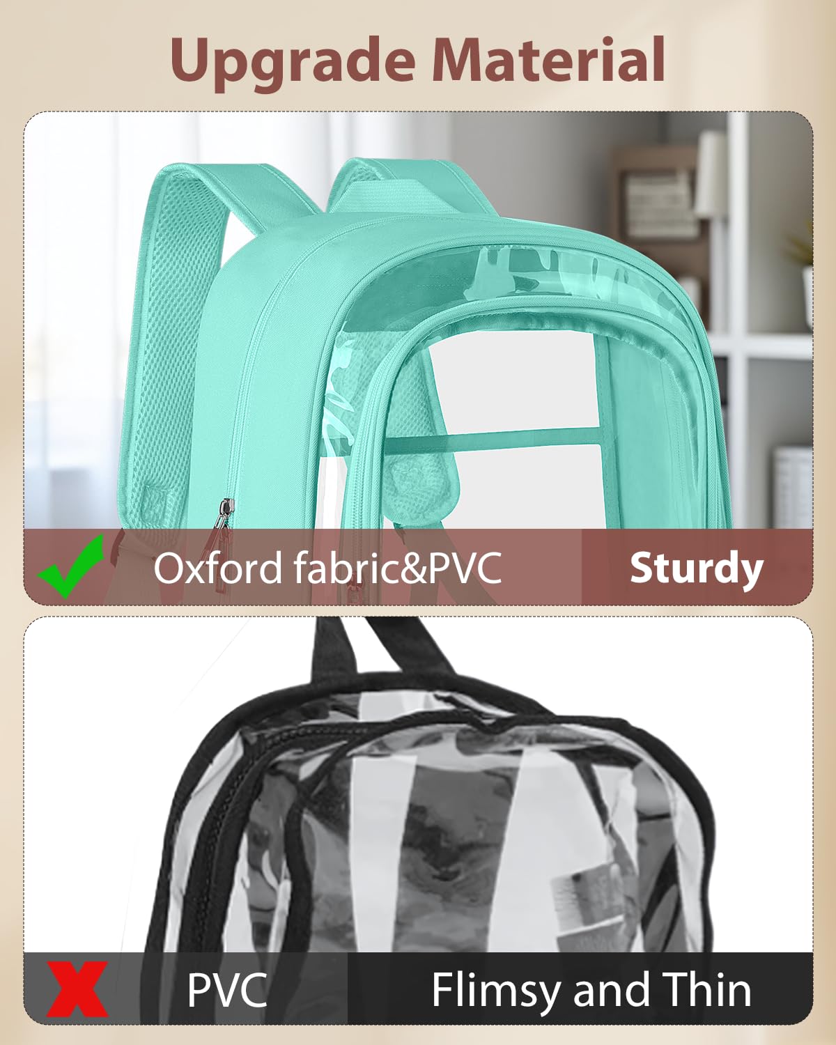 KIMNERPU Clear Backpack, Fabric & PVC Transparent Backpack with Reinforced Strap for Women Men, Heavy Duty Transparent Bookbag, Large Capacity Clear bag, Travel, Security, Green
